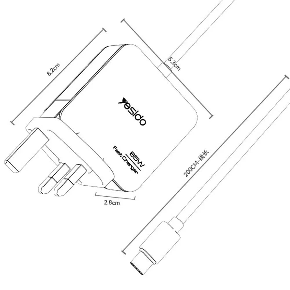 Yesido YC93 Wall Charger Adapter 65W USB-C Fast Charging with 2m Cable, UK Plug, PD/QC Support for Laptop, Tablet & Smartphone