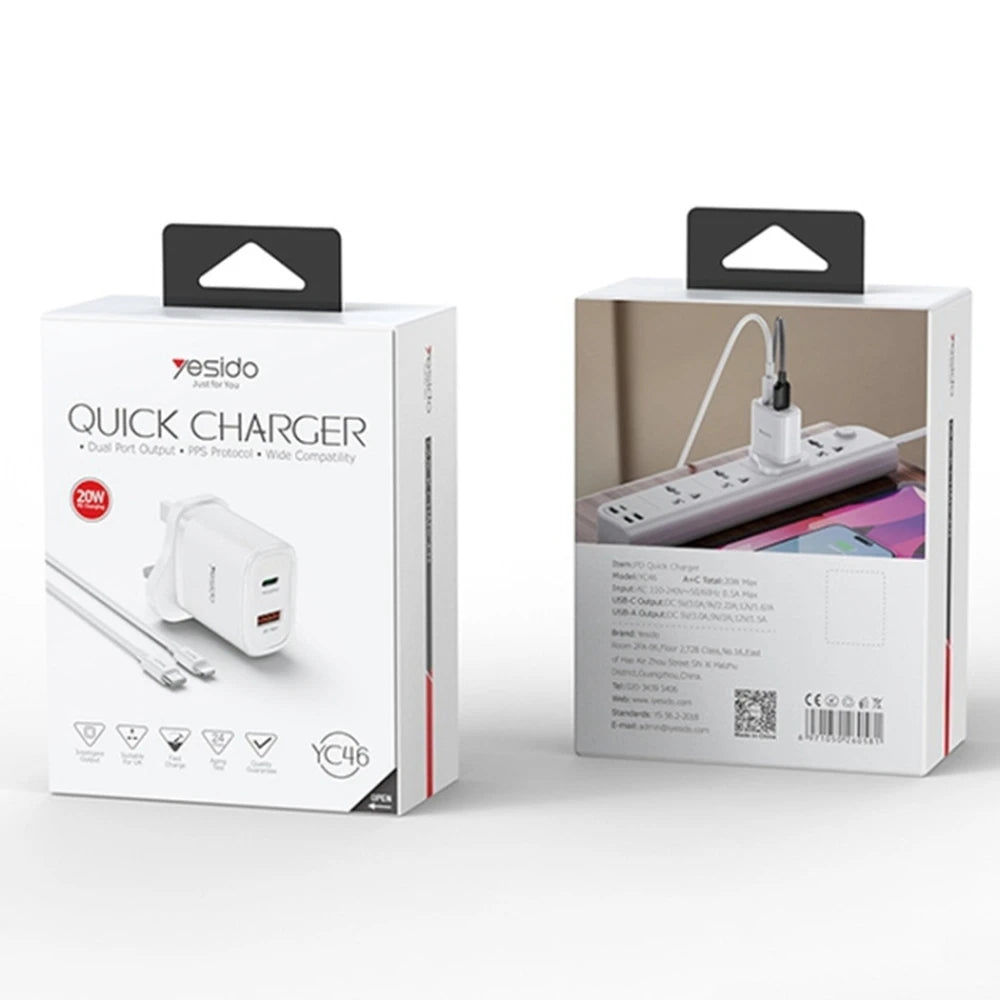 Yesido Dual Ports Travel Charger with USB-C to Lightning Cable