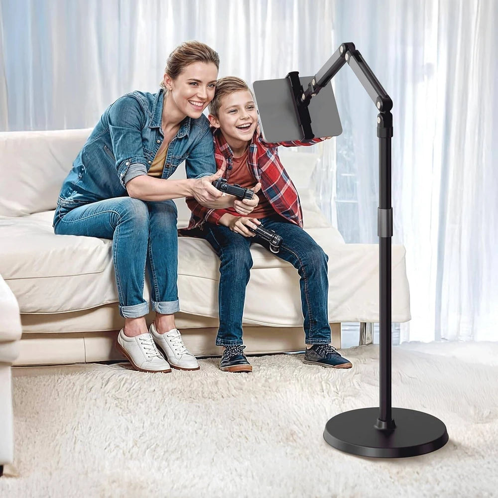 Porodo Phone & Tablet Floor Stand Adjustable Height Aluminum Stand with Full Rotation, Universal Compatibility for 5.5”–12.9” Devices – Black