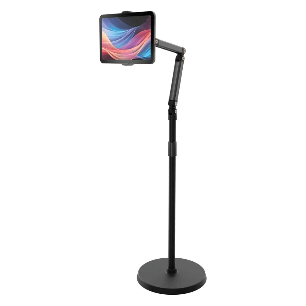 Porodo Phone & Tablet Floor Stand Adjustable Height Aluminum Stand with Full Rotation, Universal Compatibility for 5.5”–12.9” Devices – Black