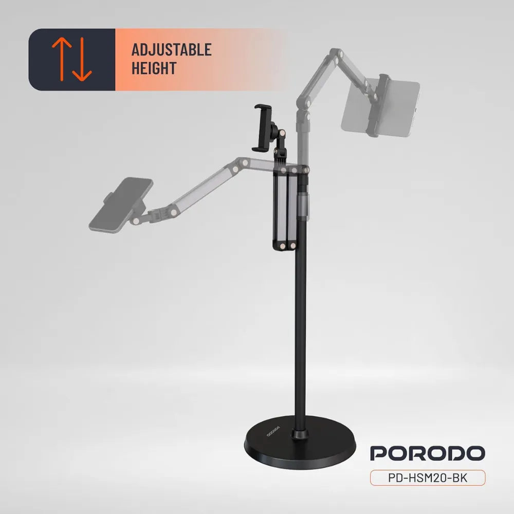 Porodo Phone & Tablet Floor Stand Adjustable Height Aluminum Stand with Full Rotation, Universal Compatibility for 5.5”–12.9” Devices – Black