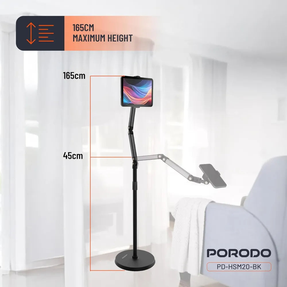 Porodo Phone & Tablet Floor Stand Adjustable Height Aluminum Stand with Full Rotation, Universal Compatibility for 5.5”–12.9” Devices – Black