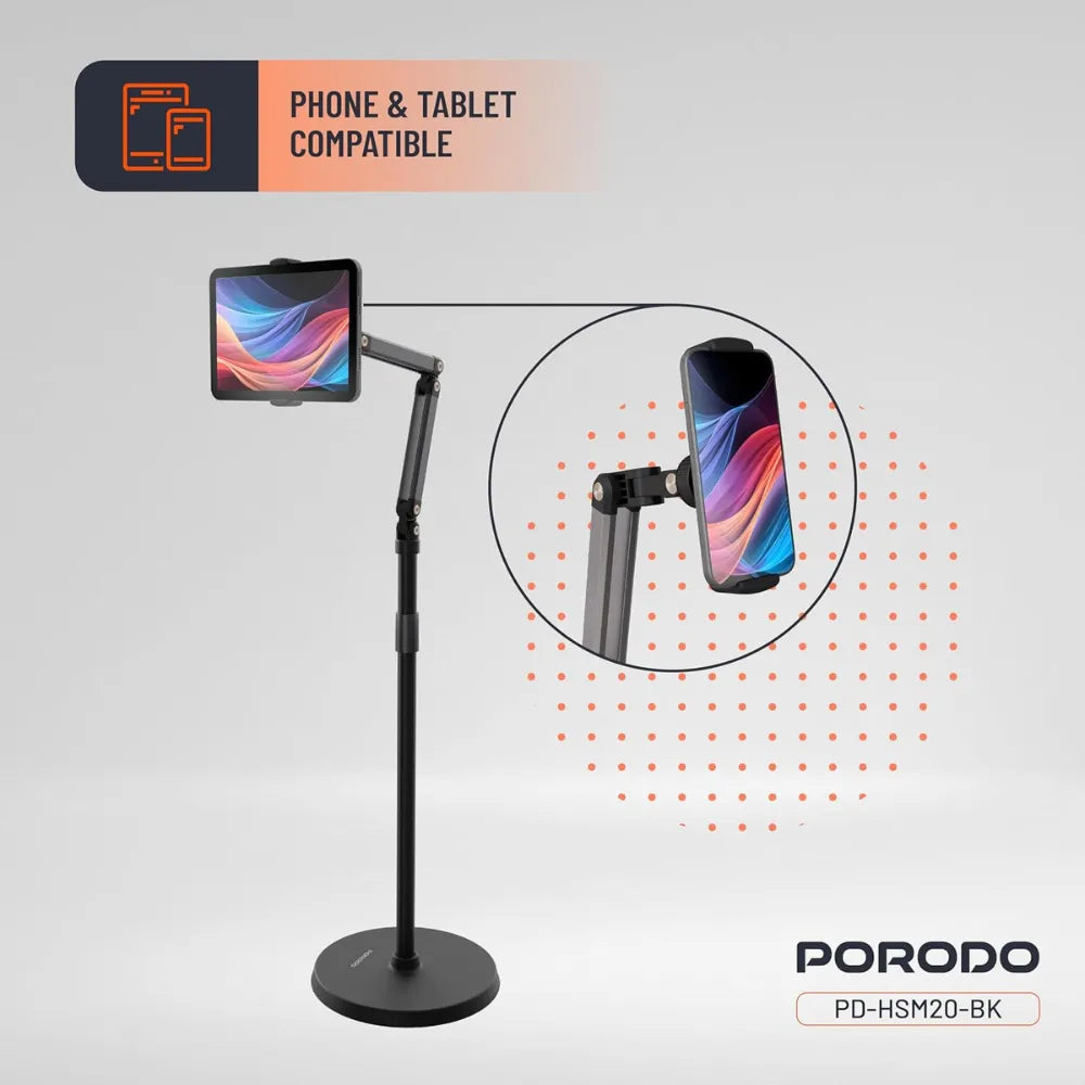 Porodo Phone & Tablet Floor Stand Adjustable Height Aluminum Stand with Full Rotation, Universal Compatibility for 5.5”–12.9” Devices – Black
