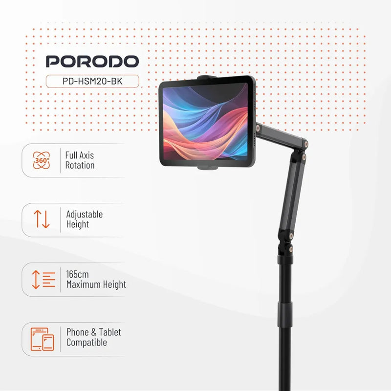 Porodo Phone & Tablet Floor Stand Adjustable Height Aluminum Stand with Full Rotation, Universal Compatibility for 5.5”–12.9” Devices – Black