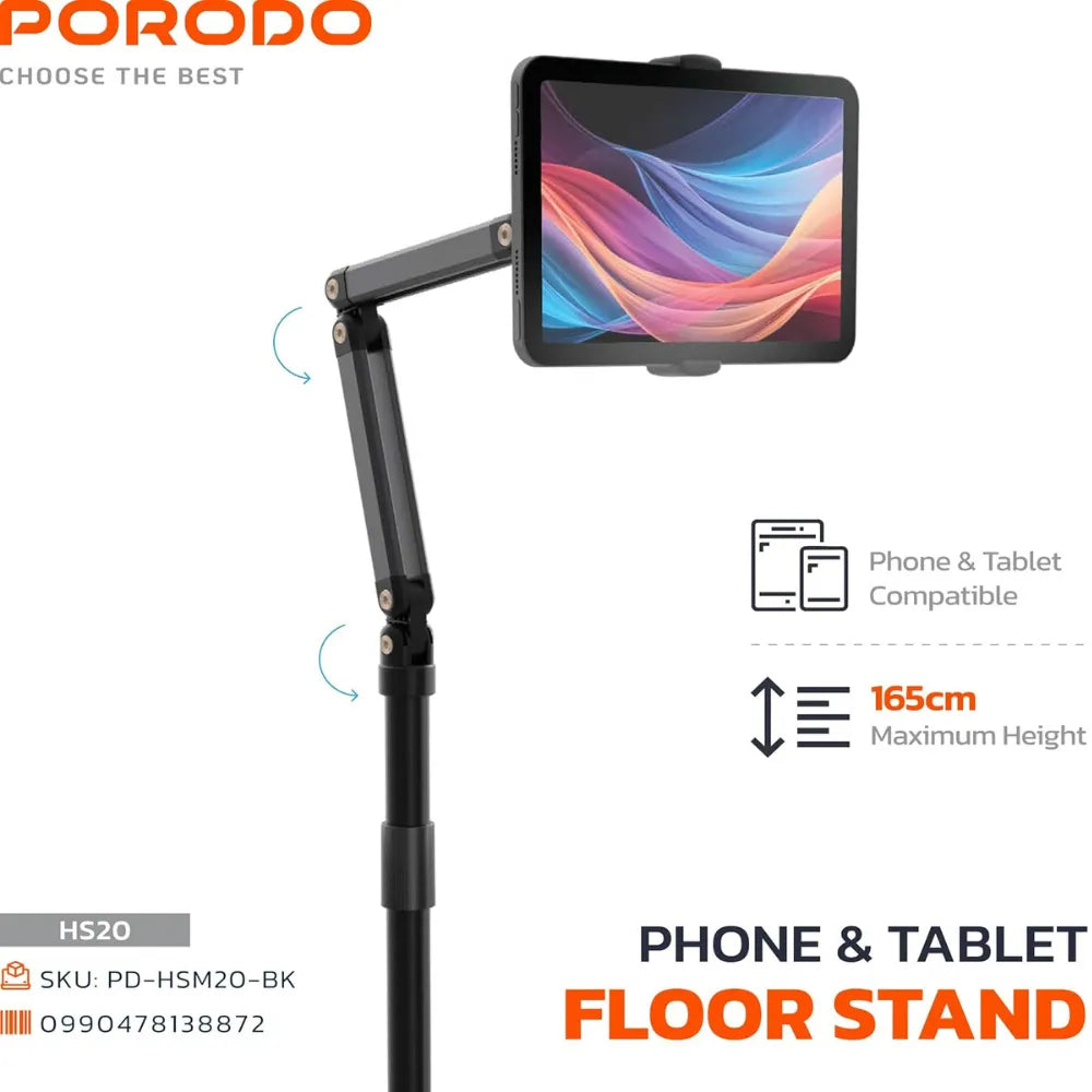 Porodo Phone & Tablet Floor Stand Adjustable Height Aluminum Stand with Full Rotation, Universal Compatibility for 5.5”–12.9” Devices – Black