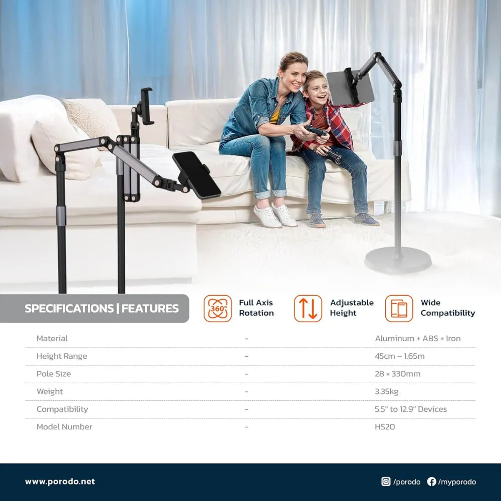 Porodo Phone & Tablet Floor Stand Adjustable Height Aluminum Stand with Full Rotation, Universal Compatibility for 5.5”–12.9” Devices – Black