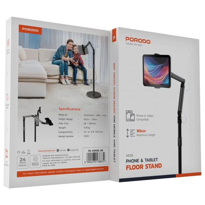 Porodo Phone & Tablet Floor Stand Adjustable Height Aluminum Stand with Full Rotation, Universal Compatibility for 5.5”–12.9” Devices – Black