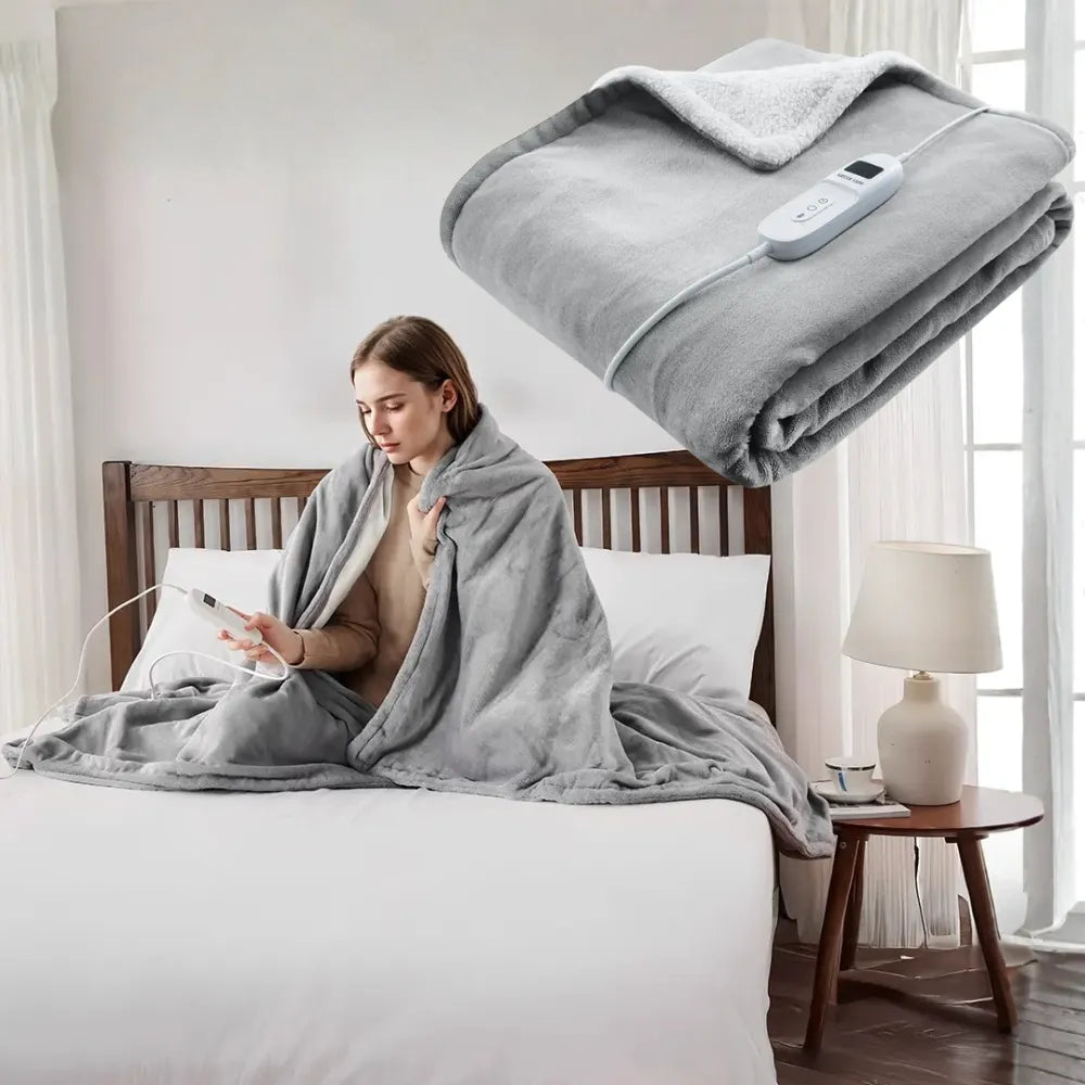 Green Lion Electric Heating Blanket with 9 Heat Levels, Timer Control, Soft Flannel & Sherpa Fleece, Auto Shut-Off, Machine Washable – Grey