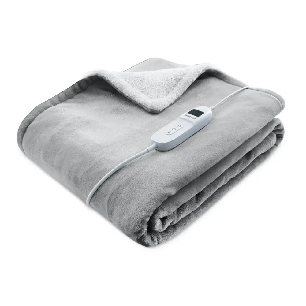 Green Lion Electric Heating Blanket with 9 Heat Levels, Timer Control, Soft Flannel & Sherpa Fleece, Auto Shut-Off, Machine Washable – Grey