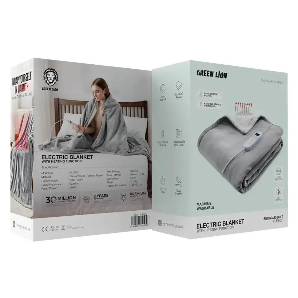 Green Lion Electric Heating Blanket with 9 Heat Levels, Timer Control, Soft Flannel & Sherpa Fleece, Auto Shut-Off, Machine Washable – Grey