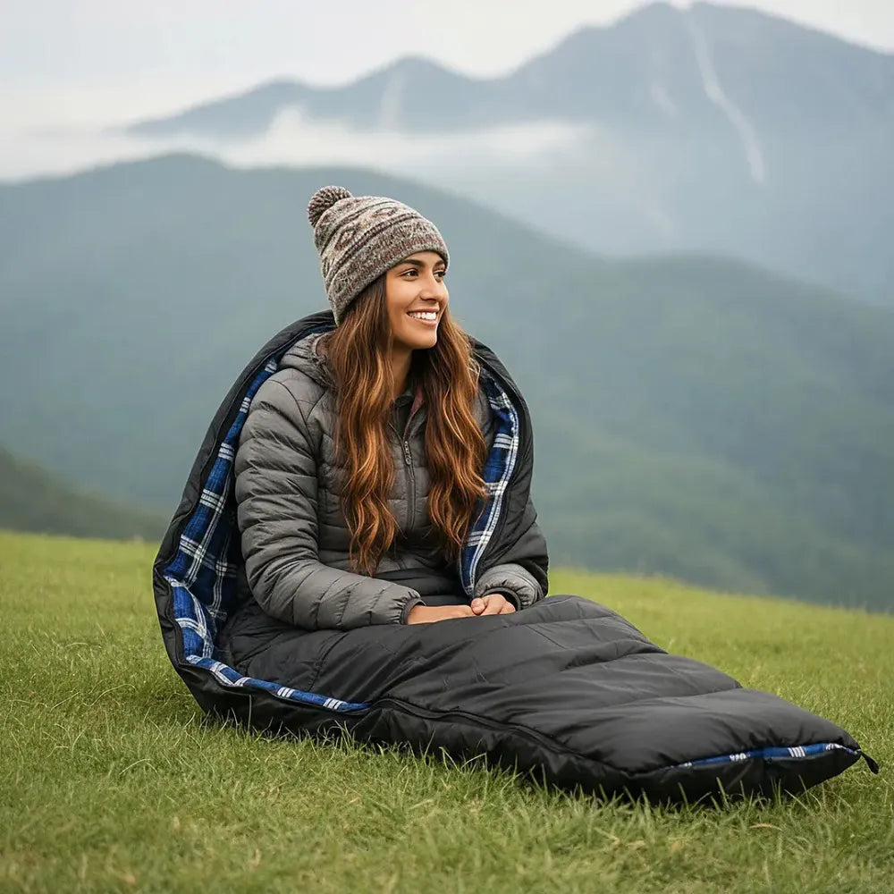 Green Lion Sleep Mate Camping Sleeping Bag with Flannel Lining, 300gsm Insulation, Ripstop Polyester Shell, Portable Carry Bag – Black