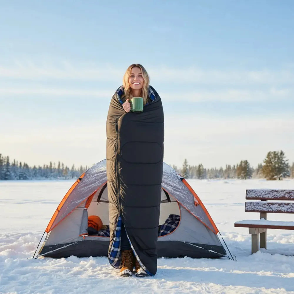 Green Lion Sleep Mate Camping Sleeping Bag with Flannel Lining, 300gsm Insulation, Ripstop Polyester Shell, Portable Carry Bag – Black
