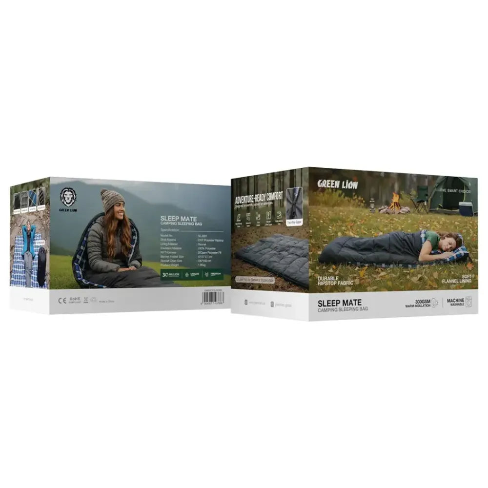 Green Lion Sleep Mate Camping Sleeping Bag with Flannel Lining, 300gsm Insulation, Ripstop Polyester Shell, Portable Carry Bag – Black