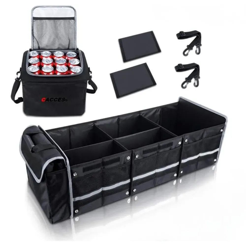 Collapsible Car Trunk Organizer 3-in-1 Multi-Use with Insulated Leakproof Cooler Bag, Waterproof Heavy-Duty Storage – Black