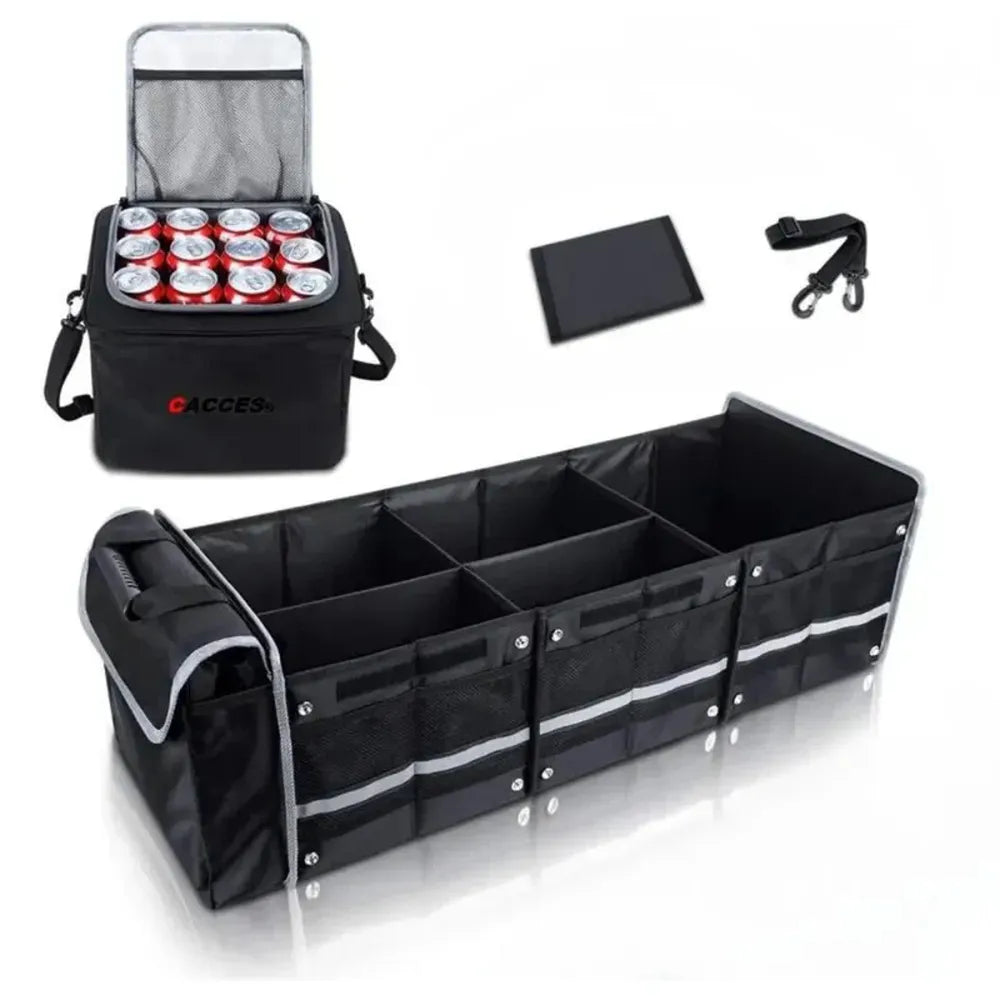 Collapsible Car Trunk Organizer 3-in-1 Multi-Use with Insulated Leakproof Cooler Bag, Waterproof Heavy-Duty Storage – Black