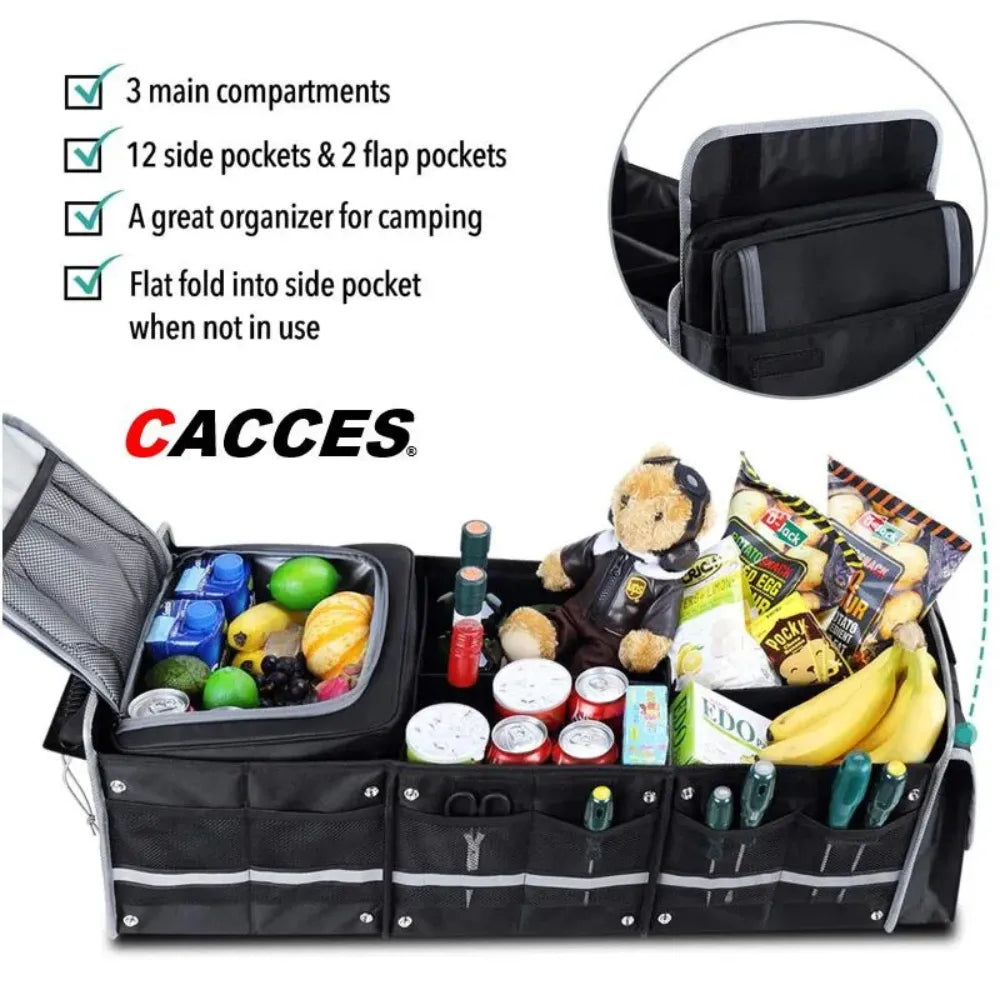 Collapsible Car Trunk Organizer 3-in-1 Multi-Use with Insulated Leakproof Cooler Bag, Waterproof Heavy-Duty Storage – Black