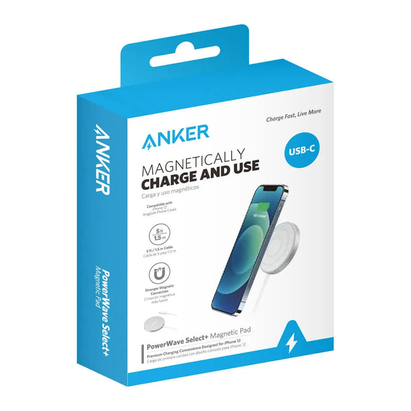 Anker PowerWave Select+ Magnetic Wireless Charging Pad USB-C with PU Leather Surface and Aluminum Stand – White