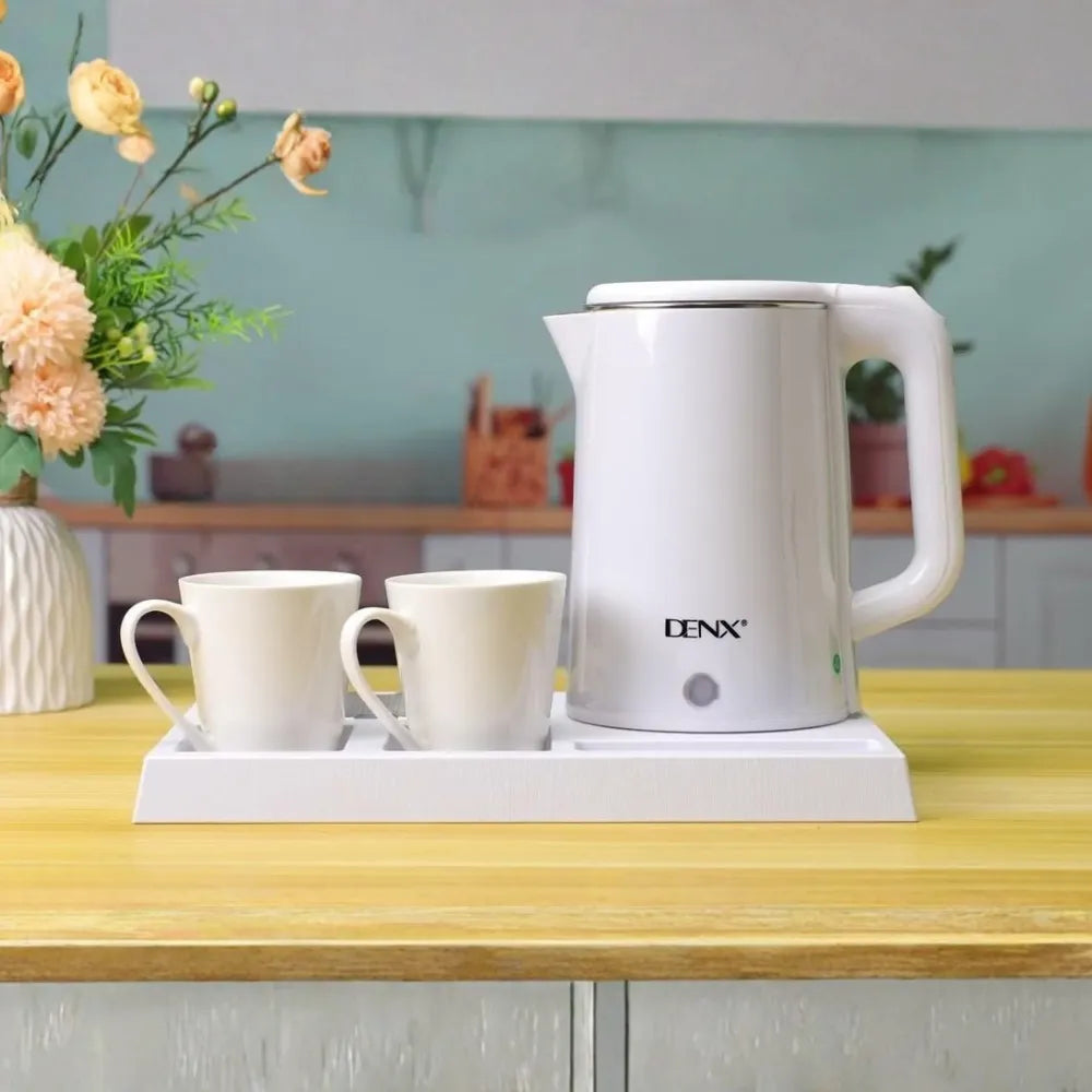 DENX DX2097 Electric Kettle Set 1.8L Stainless Steel Heating Element with Tray & 2 Cups Fast Boil Auto Shut-Off 1500W