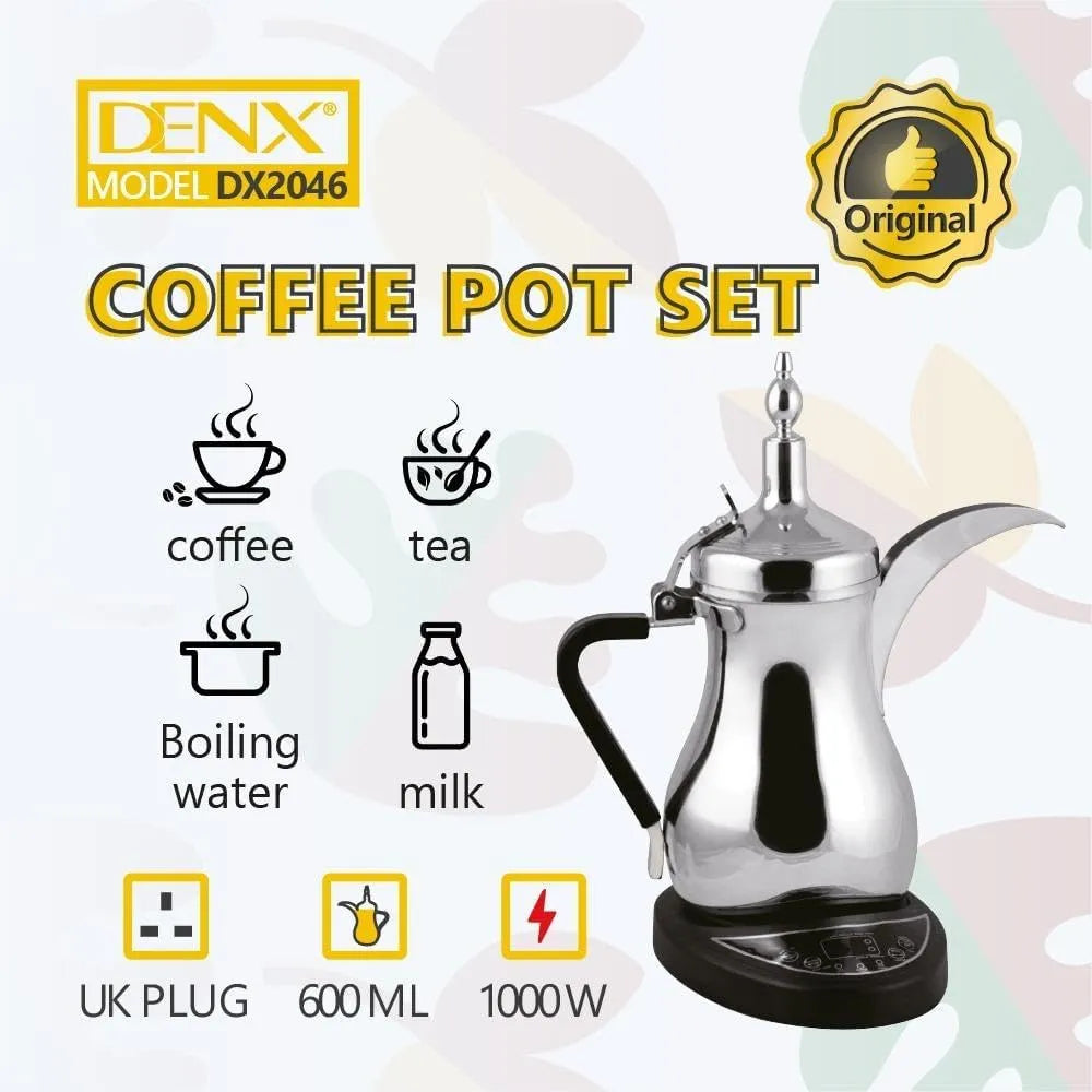 DENX DX2046 1L Coffee Pot, Stainless Steel Electric Kettle with Built-In Spoon, 800W Fast Heating - Silver