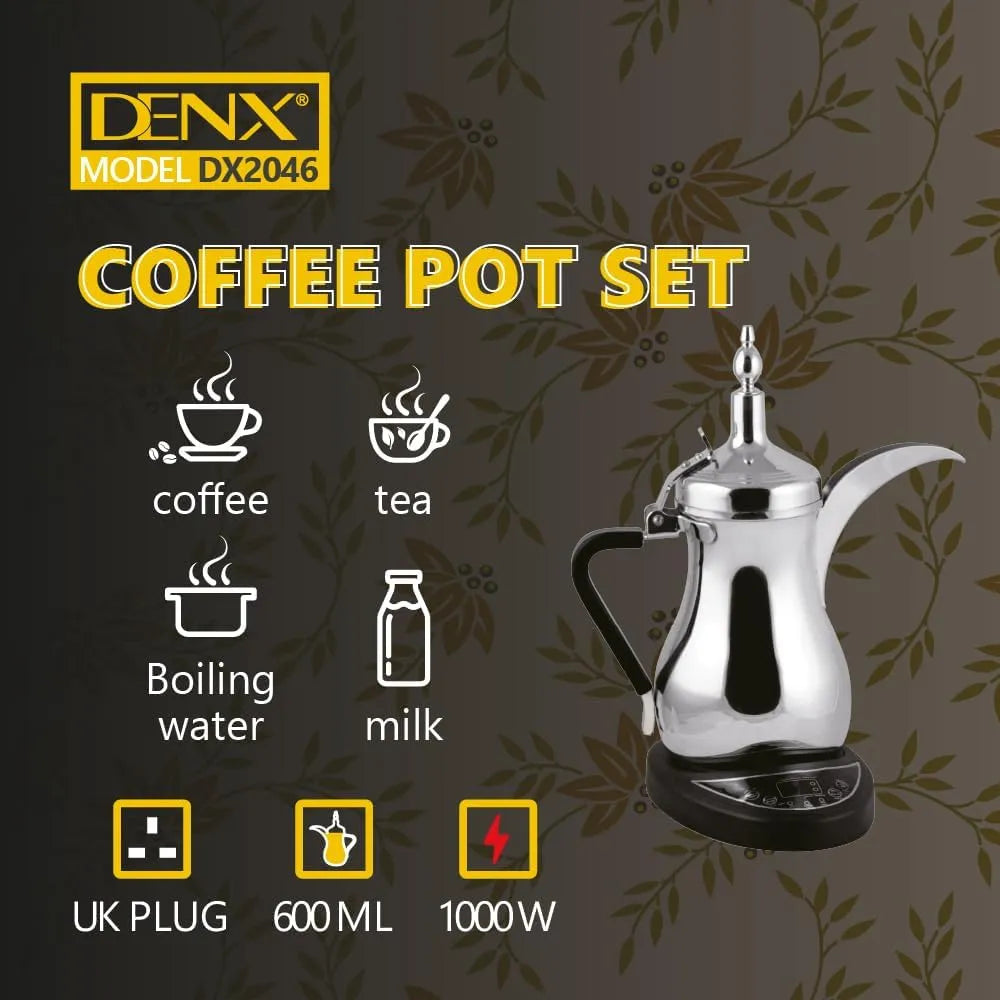 DENX DX2046 1L Coffee Pot, Stainless Steel Electric Kettle with Built-In Spoon, 800W Fast Heating - Silver