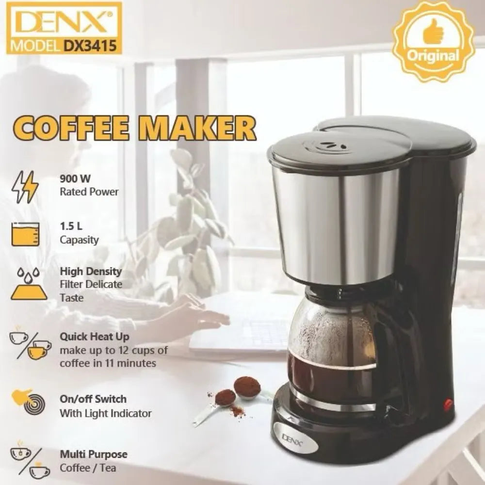 Denx DX3415 1.5L Coffee Maker, 900W Drip Coffee Machine with Anti-Drip & Keep Warm Function