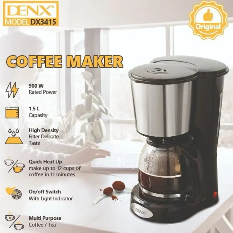 Denx DX3415 1.5L Coffee Maker, 900W Drip Coffee Machine with Anti-Drip & Keep Warm Function