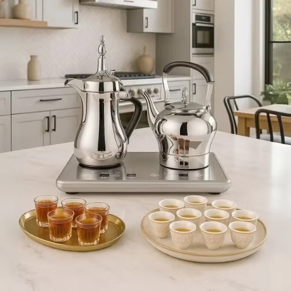 DENX DX3410 Saudi Coffee Dallah & Electric Tea Kettle Set 1L Dallah 1.2L Kettle Stainless Steel Dual Heating Base with Digital Control Auto Shut-Off