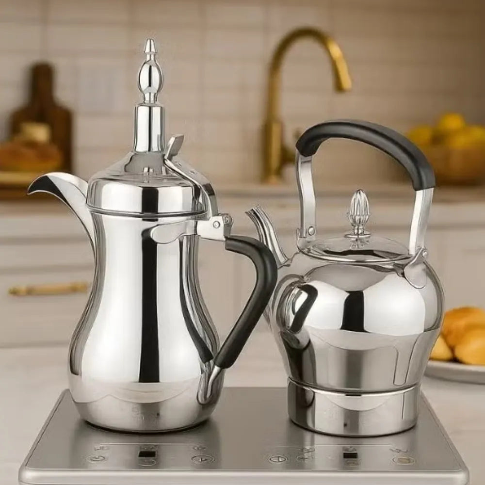 DENX DX3410 Saudi Coffee Dallah & Electric Tea Kettle Set 1L Dallah 1.2L Kettle Stainless Steel Dual Heating Base with Digital Control Auto Shut-Off