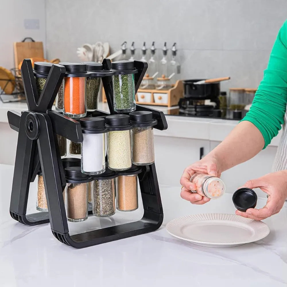 DENX DX2504 Ferris Wheel Spice Rack Set 18-Piece Rotating Organizer with 100ml Glass Jars Space-Saving Kitchen Storage