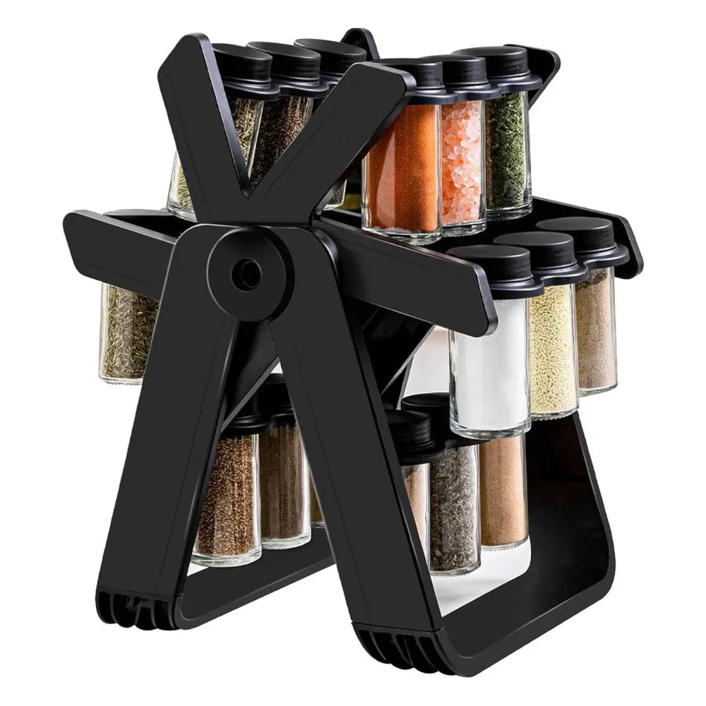 DENX DX2504 Ferris Wheel Spice Rack Set 18-Piece Rotating Organizer with 100ml Glass Jars Space-Saving Kitchen Storage