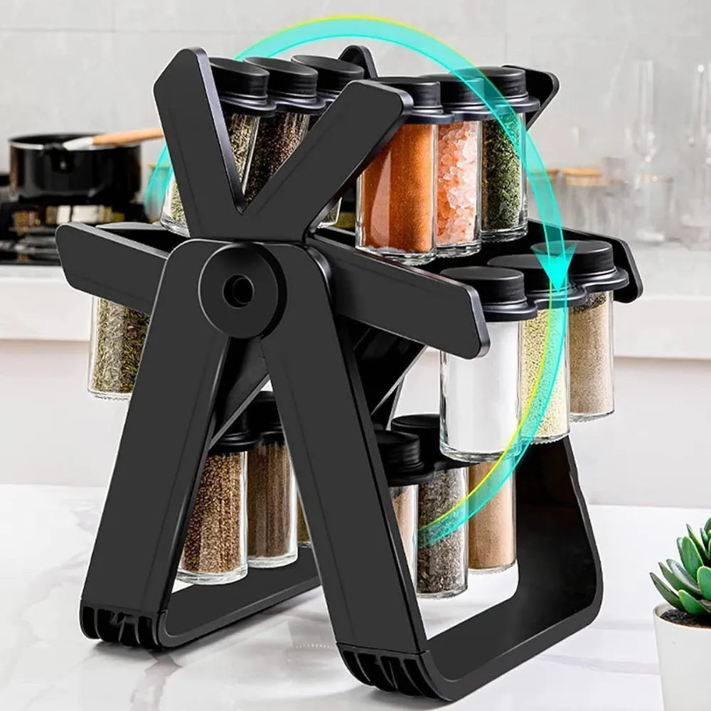 DENX DX2504 Ferris Wheel Spice Rack Set 18-Piece Rotating Organizer with 100ml Glass Jars Space-Saving Kitchen Storage