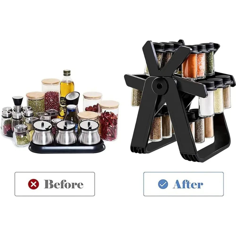 DENX DX2504 Ferris Wheel Spice Rack Set 18-Piece Rotating Organizer with 100ml Glass Jars Space-Saving Kitchen Storage