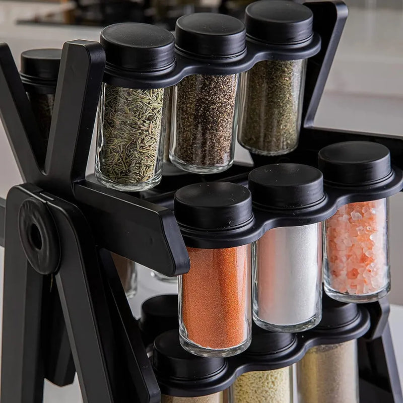 DENX DX2504 Ferris Wheel Spice Rack Set 18-Piece Rotating Organizer with 100ml Glass Jars Space-Saving Kitchen Storage