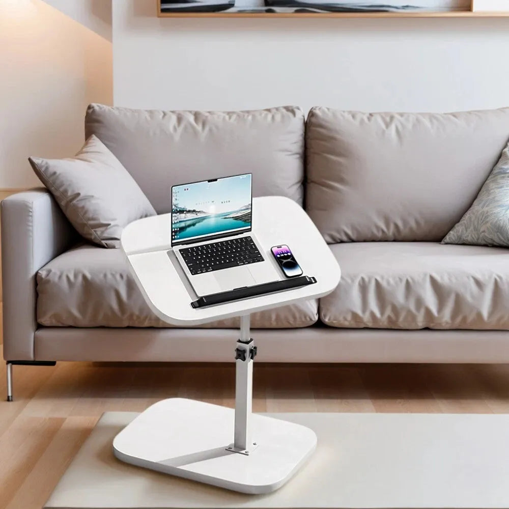 Adjustable Foldable Sofa Side Table Rotating Desktop Height-Adjustable Metal Stand for Living Room, Bedroom, and Bedside Use - White