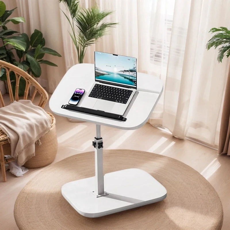 Adjustable Foldable Sofa Side Table Rotating Desktop Height-Adjustable Metal Stand for Living Room, Bedroom, and Bedside Use - White