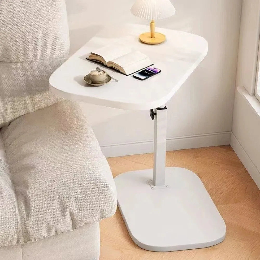 Adjustable Foldable Sofa Side Table Rotating Desktop Height-Adjustable Metal Stand for Living Room, Bedroom, and Bedside Use - White