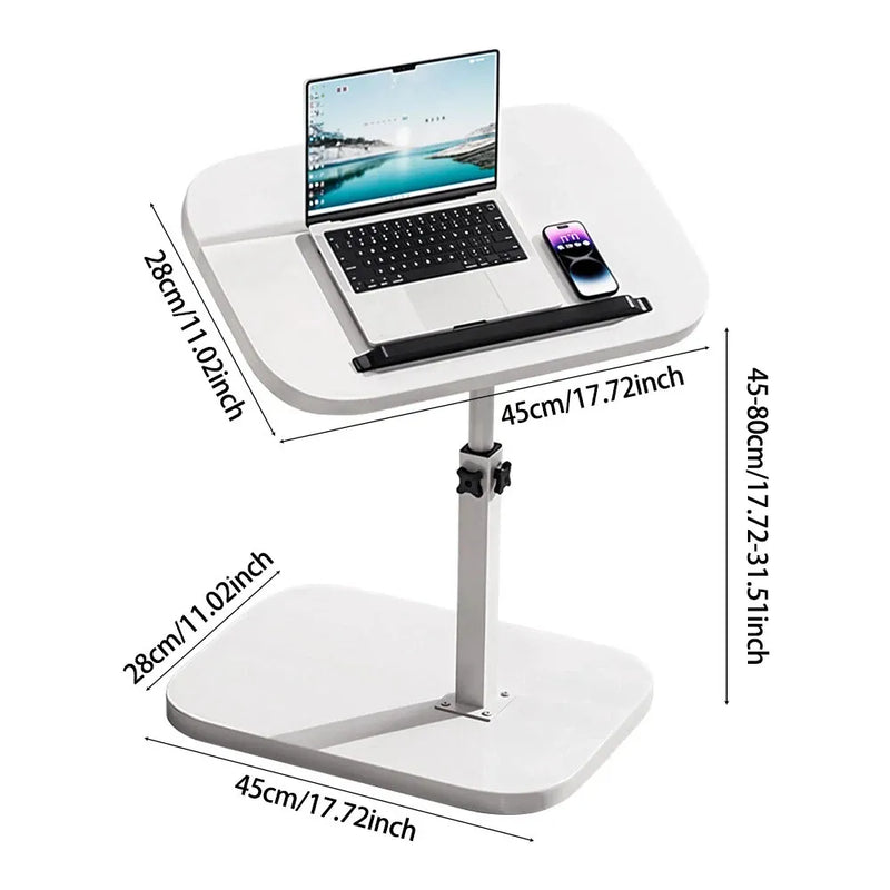 Adjustable Foldable Sofa Side Table Rotating Desktop Height-Adjustable Metal Stand for Living Room, Bedroom, and Bedside Use - White
