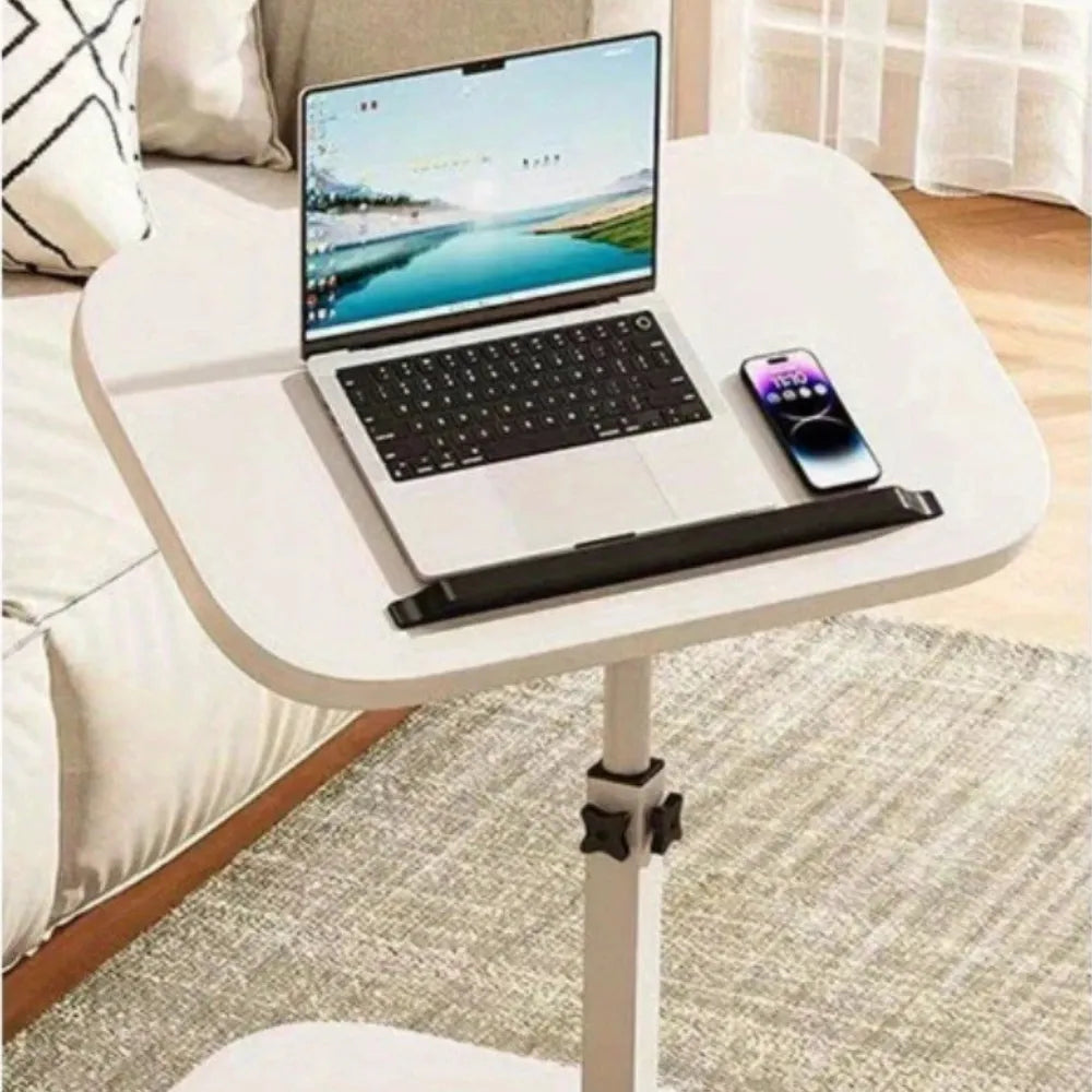 Adjustable Foldable Sofa Side Table Rotating Desktop Height-Adjustable Metal Stand for Living Room, Bedroom, and Bedside Use - White