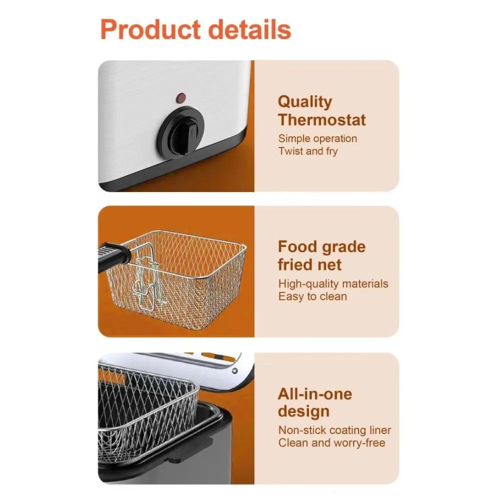 DENX Electric Deep Fryer Stove DX4002 2.5L Stainless Steel Adjustable Temperature up to 180°C 1000W Power