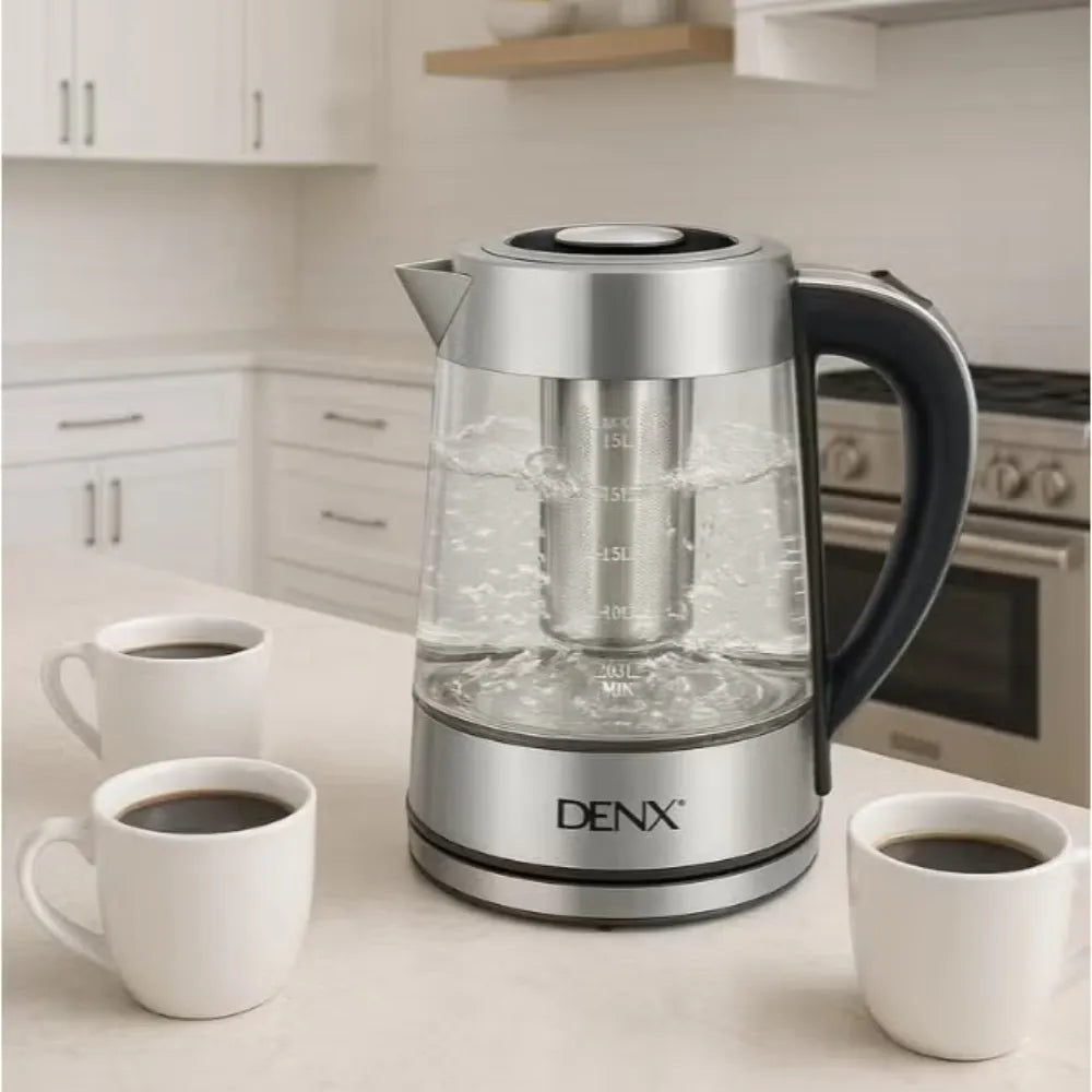 DENX Electric Kettle DX3408 1.8L High Borosilicate Glass 1500W with Mesh Filter and Dry-Boil Protection