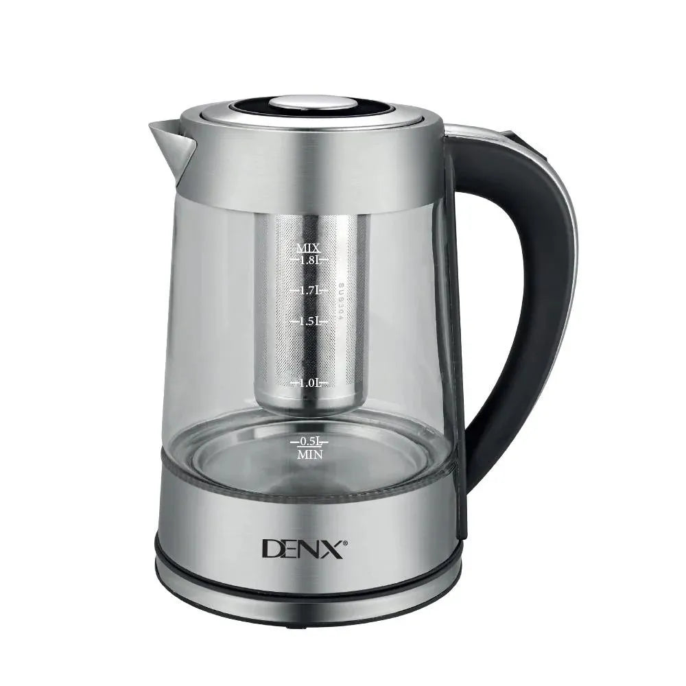 DENX Electric Kettle DX3408 1.8L High Borosilicate Glass 1500W with Mesh Filter and Dry-Boil Protection