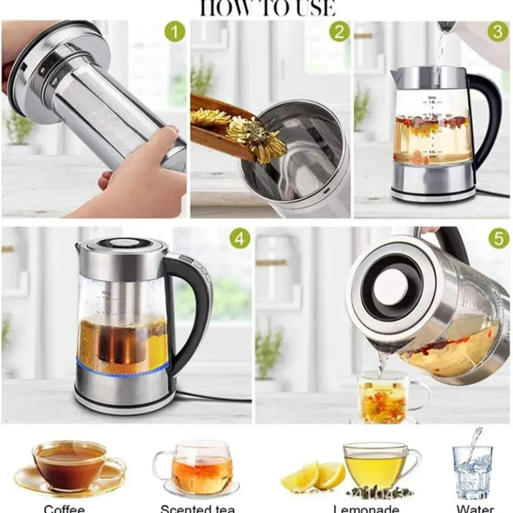 DENX Electric Kettle DX3408 1.8L High Borosilicate Glass 1500W with Mesh Filter and Dry-Boil Protection