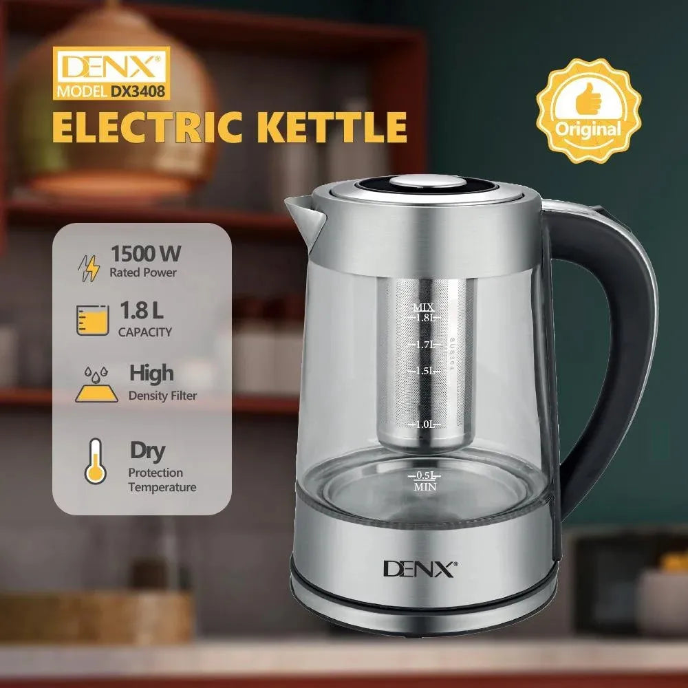 DENX Electric Kettle DX3408 1.8L High Borosilicate Glass 1500W with Mesh Filter and Dry-Boil Protection