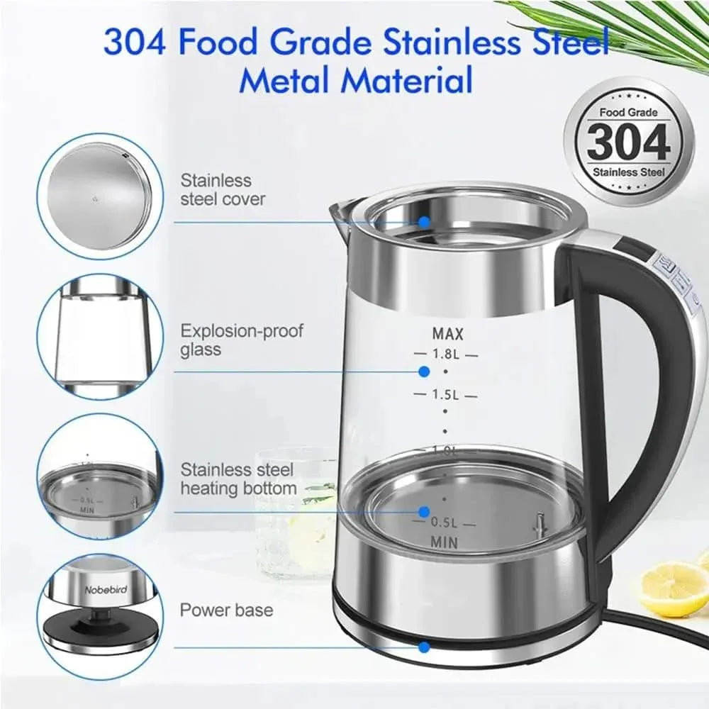 DENX Electric Kettle DX3408 1.8L High Borosilicate Glass 1500W with Mesh Filter and Dry-Boil Protection