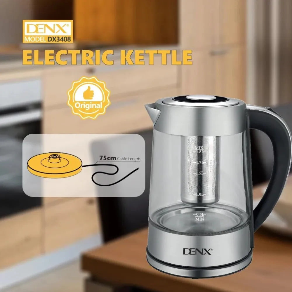 DENX Electric Kettle DX3408 1.8L High Borosilicate Glass 1500W with Mesh Filter and Dry-Boil Protection