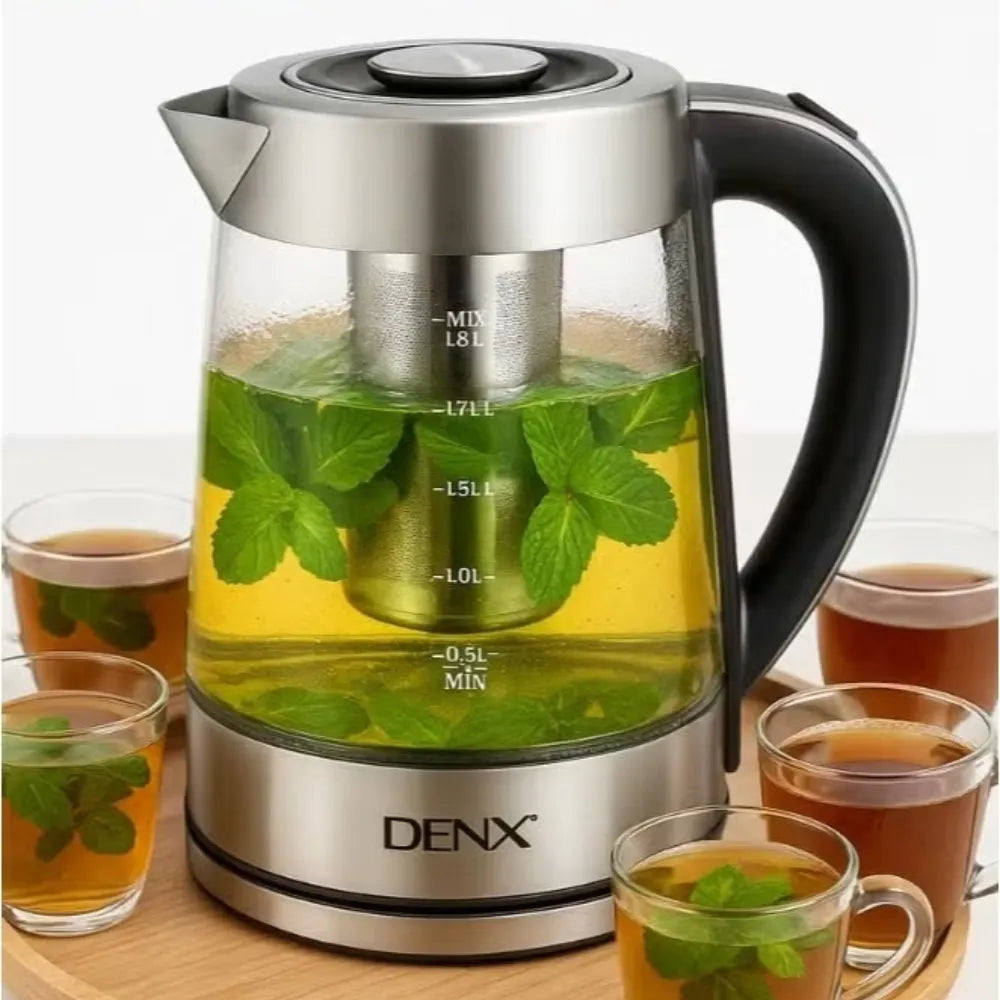 DENX Electric Kettle DX3408 1.8L High Borosilicate Glass 1500W with Mesh Filter and Dry-Boil Protection
