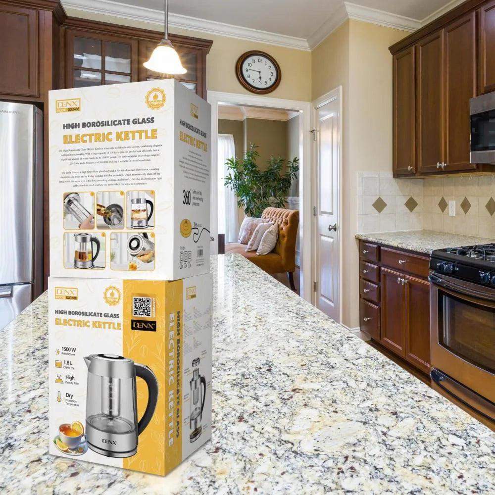DENX Electric Kettle DX3408 1.8L High Borosilicate Glass 1500W with Mesh Filter and Dry-Boil Protection