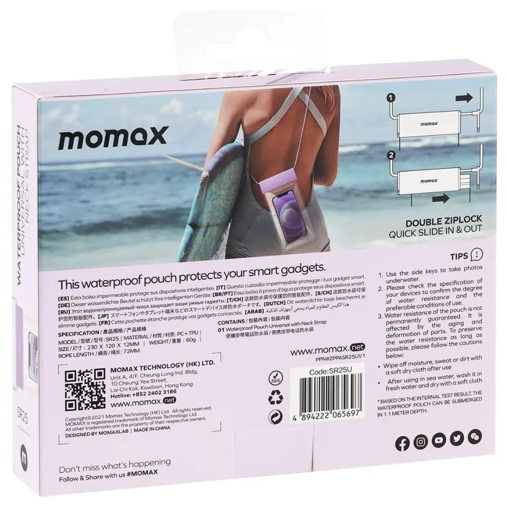 MOMAX Waterproof Pouch Universal with Neck Strap for Smartphones Up to 7” (Purple)