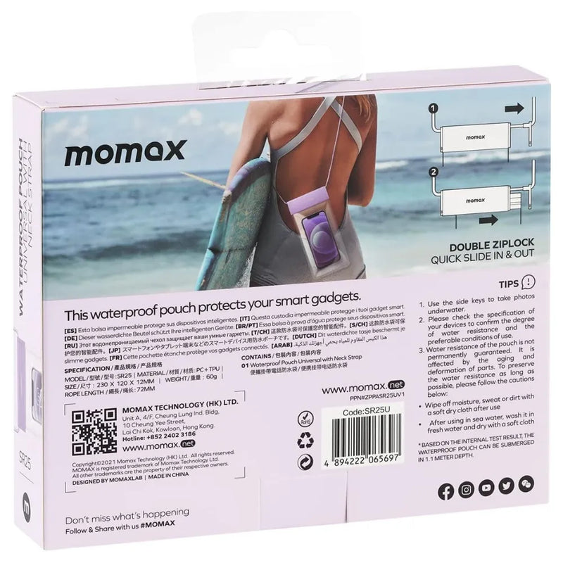 MOMAX Waterproof Pouch Universal with Neck Strap for Smartphones Up to 7” (Purple)
