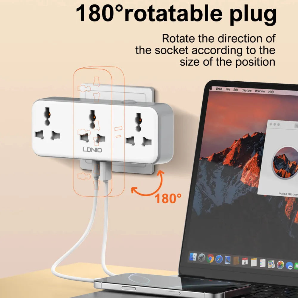 LDNIO Plug Expansion Socket SC3317 3 AC Outlets 2 USB Ports 30W Fast Charging 2500W Power